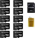 Clodisk Lot de 10 Cartes Micro SD 512 Mo (Pas Go) Lecteur de Carte Adaptateur microSD pour Petites données, fichiers, publicité (trop Petit pour Toutes Les vidéos)