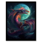 Full Moon Dragon Oil Painting Blue Purple Fantasy Creature Dancing In The Clouds Colourful Magical Nature Mystical Modern Art Print Framed Poster Wall