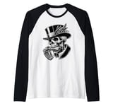 Skeleton Playing a Mouth Harp Harmonica,Wearing a Bowler Hat Raglan Baseball Tee