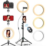 GPEESTRAC Ring Light with Tripod Stand & 2 Phone Holders, Height Adjustable Selfie LED Ring Light with Romote 10” Camera Ringlight for Photography Makeup Live Streaming YouTube Video Shooting