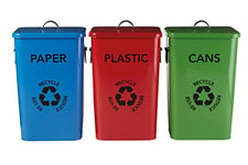 Premier Housewares Plastic, Paper and Cans Recycle Logo Bins - Multi-Colour, Set of 3