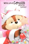 CUTE CHRISTMAS CARD WITH LOVE, COUSIN - FOX, STAR, SILVER TREE, PINK