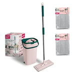 York Balai Plat Portable avec Manche et Seau | en Microfibre | Absorbant | Nettoyage des sols | sans Taches d'eau | Rose Vert | 2 Cartouches supplémentaires | capacité Seau 6 litres | Longueur de la