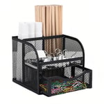 Rangement Organisateur Bureau, Desk Organiseur en Maille Materiel avec Tiroir et Porte-Stylo, 6 Compartiments de tri, Organiseurs et Distributeurs pour Stylos, Noir