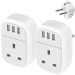 UK to European Adapter Plug 2 Pack, EU Schuko Travel Adaptor with 3 USB Port, Euro Europe Grounded Charger for Germany France Spain Turkey Iceland Greece Poland Portugal Austria Netherlands(Type E/F)