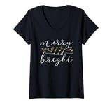 Womens Funny Merry and Bright Christmas Lights Xmas Holiday Pajama V-Neck T-Shirt