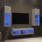 Tv-møbel til væg 5 dele med LED-lys konstrueret træ hvid