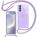 Yichxu Coque pour Samsung Galaxy S24 Plus 5G avec Cordon, Glitter Souple Silicone Housse avec Collier, Réglable Lanyard Case avec Motif Coeur d'amour Etui Protection Cover pour Samsung S24 Plus Violet