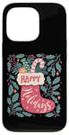 Coque pour iPhone 13 Pro Chaussette bohème Happy Holidays rétro en forme de canne à sucre d'orge de Noël