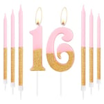 Pink Gold Birthday Candles, Gold Number 16 Candles with Long Candles, Pink Happy 16th Birthday Candles for Cake, Girls 16th Birthday Cake Decorations, Birthday Cake Toppers Girl, Wedding Anniversary