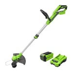 Greenworks 40V Cordless Strimmer Lawn Edger With Wheel For Small To Medium Gardens, 33cm Cutting Width, Autofeed 1.65mm Nylon Line, 40V 2Ah Battery & Charger, 3 Year Guarantee G40LT33K2