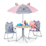 Relaxdays Ensemble Camping, Chaise Enfants avec Abat-Jour, Pliable et Table, Souris Grise, Gris