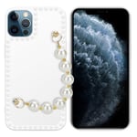 Coque pour Apple iPhone 12 PRO en Blanc avec perles Housse de protection Étui en silicone TPU flexible et avec tour de cou chaîne de poignet - Neuf