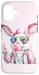 Coque pour iPhone 16 Lunettes de soleil aviateur lapin de Pâques mignon Bubblegum Peace Sign