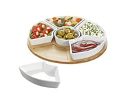 Esmeyer Caterado Susan Plateau de Service Rotatif avec 6 Bols en Porcelaine Blanche et Un Plateau en Bambou, 34 x 34 x 6,5 cm