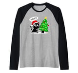 Funny Black Cat Tee Pushing Christmas Tree Over Cat What? Raglan Baseball Tee