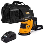 JCB 18V Cordless Orbital Sander, 4.0Ah Battery, Fast Charger, 125mm Diameter Sanding Pad, Hook and Loop Fastening, Rubber Grip Over Mould & Dust Collector, 20" Power Tool Kit Bag, 3 Year Warranty