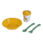 Bébé Douceur, Set Repas 4 pièces avec Assiette + Couverts + Tasse Plastique Savane