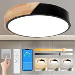 Plafonnier Bois,Plafond Dimmable 3000K-6000K,Plafonnier Led Télécommandé,32W Luminaire Moderne Pour Le Salon, La Chambre Et Le Couloir, 30CM，Noir