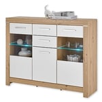 Stella Trading Balin Highboard avec éclairage LED en Aspect chêne Artisan, Blanc - Armoire de Salon Moderne avec Beaucoup d'espace de Rangement pour Votre Espace de Vie - 160 x 125 x 45 cm (L/H/P)