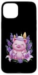 Coque pour iPhone 15 Plus Cochon en style dessin animé kawaii avec lavande et lys