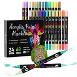 Sonlaryin Feutre Acrylique 48 Couleurs 24 Pièces, Marqueur Peinture Acrylique Double Pointe, Marqueur Acrylique pour peinture rupestre, bricolage, céramique, verre, toile, bois, Textile