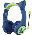 Riwbox Kids Bluetooth Headphones, CF9 Cat Ear Headphones with LED Light, Boom Mic&Built-in Mic for Calls, 85dB Volume Limited Kids Headphones Wireless&Wired for School Tablet PC Phones (Blue)