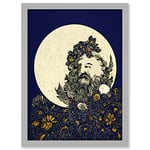 Doppelganger33 LTD Man In The Full Moon Blue Floral Lunar Illustration Artwork Framed Wall Art Print A4