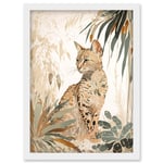 Savannah Cat with Colourful Fur Pattern in Nature Modern Watercolour Illustration Artwork Framed Wall Art Print A4