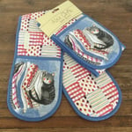 Alex Clark Laundry Basket Cat Double Oven Gloves Mitts Blue Cream Pot Holder