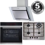 Touch Control Pyrolytic Single Fan Oven, 4 Burner Steel Gas Hob & Angled Hood