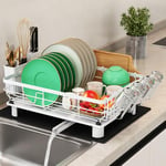 Boosiny Dish Drainer Rack, Dish Drainer with Drip Tray, Stainless Steel Dish Rack with Swivel Drainage Spout, Draining Board Rack with Utensil Holder, Cup Holder and Drying Mat, White