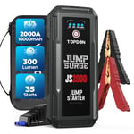 TOPDON Jump Starter JS2000, 2000A/16000mAh Battery Booster Jump Starter Power Pack for Up to 8L Gas/6L Diesel Engines, Portable Jump Starter Power Bank with Jumper Cable/LED Flashlight