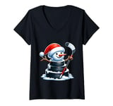 Womens Cartoon Ice Hockey Puck Snowman with Santa Hat Christmas V-Neck T-Shirt