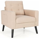 Fauteuil de Salon 1 Personne, Style Scandinave, Canapé 1 Place avec Pieds Bois d'Hévéa, 2 Poches Latérales, pour Chambre, Salon, Bureau (Beige)