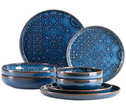 MÄSER 934063 Série Tiles Service de table moderne vintage pour 2 personnes au design mauresque 8 pièces avec assiettes et bols en céramique de qualité supérieure, grès, bleu