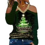 Kvinnor jul älgträd printed T-shirt blus Xmas kall axel V-ringad Långärmad Casual skjortor Toppar Plus Size Green L