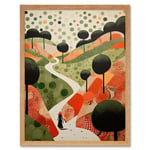 Walk on the Countryside Hill Path Folk Art Oil Painting Red Orange Green Abstract Landscape Artwork Art Print Framed Poster Wall Decor 12x16 inch