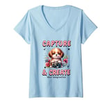 Womens Cute Camera Dog Photographer Photo Capture & Create Puppy V-Neck T-Shirt