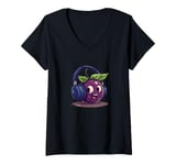 Womens Fruits with Headphones for Huckleberry Lovers V-Neck T-Shirt