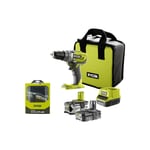 Pack RYOBI Perceuse-visseuse R18DD3-2415BS - 18V One+ - 2 batteries 4,0 Ah - 1,5Ah - Chargeur - Coffret 69 accessoires perçage-vissage RAK69MIX