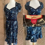 BNWT JOE BROWNS Blue Black THE BOP Floral Print WIGGLE Dress UK 14 L44” RUFFLE