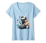 Womens Pug Dog Playing Synth Keyboard Player Gift V-Neck T-Shirt