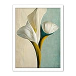 Wee Blue Coo Cala Lily Lilies Flower Abstract Minimalist Painting Duck Egg Cream Mustard Artwork Framed Wall Art Print 18X24 Inch