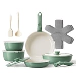 Redchef Lot de 16 casseroles en céramique antiadhésives avec poignée amovible, poêle 20/26 cm, poêle profonde 26 cm, casserole 18/20 cm, empilable pour tous les types de feux, passe au four, vert