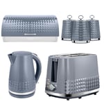 Tower Solitaire Grey 6pc Kettle 2 Slice Toaster Breadbin Canisters Kitchen Set