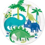 Unique- Assiettes en Carton Écologiques – ​​18 cm – Fête Dinosaure Bleu et Vert – 8 Pièces (Lot de 1), 73884EU, Multicolour