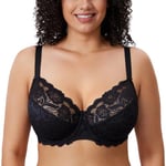 DELIMIRA Femme Soutien Gorge Grande Taille en Dentelle avec Armature sans Rembourré Noir 85F