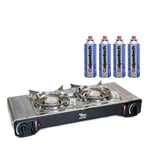 Réchaud à gaz 2 feux 4400W Inox Thermocouple + 4 cartouches ALPEN