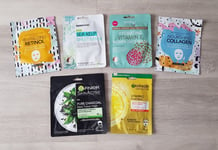 6 x SHEET FACE MASK BUNDLE - GARNIER SKIN ACTIVE / DERMA V10 VITAMIN C COLLAGEN